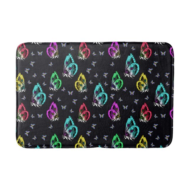 Black Colourful Butterfly Illustration Pattern Bath Mat (Front)