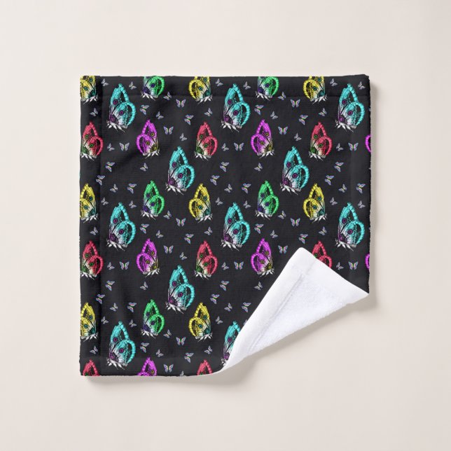 Black Colourful Butterfly Illustration Pattern Bath Towel Set (Wash Cloth)