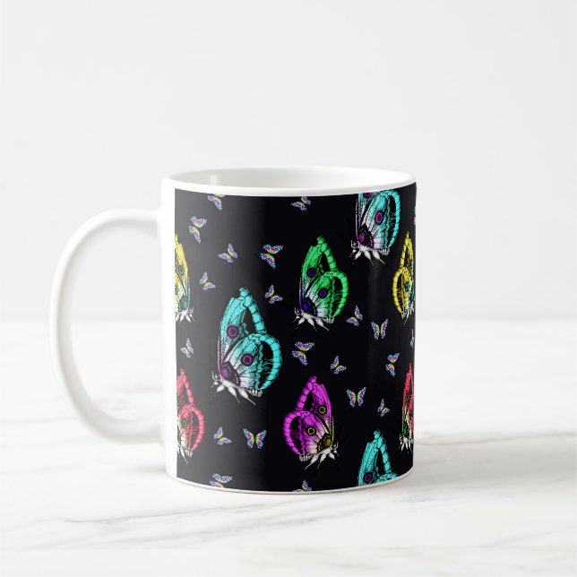 Black Colourful Butterfly Illustration Pattern Coffee Mug (Left)
