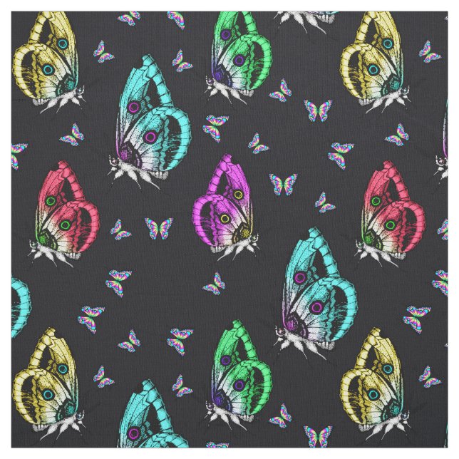 Black Colourful Butterfly Illustration Pattern Fabric (Swatch)