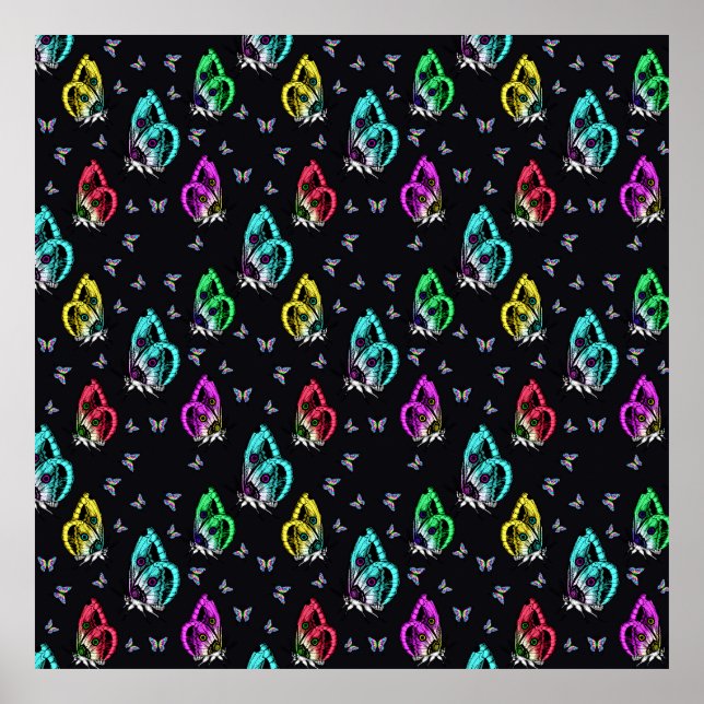 Black Colourful Butterfly Illustration Pattern Poster (Front)