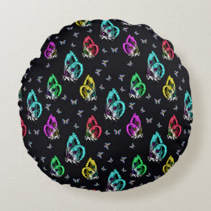 Black Colourful Butterfly Illustration Pattern Round Pillow