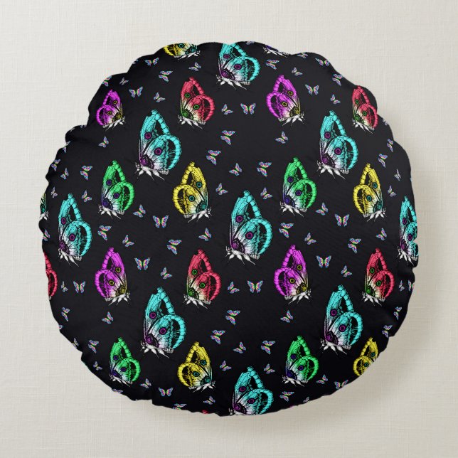 Black Colourful Butterfly Illustration Pattern Round Pillow (Front)