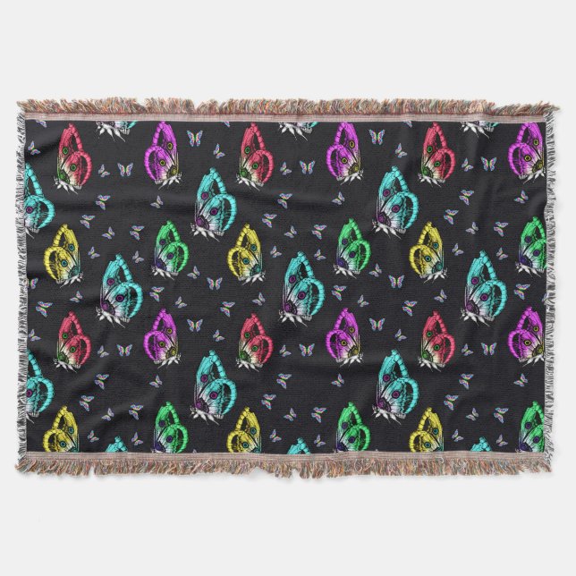 Black Colourful Butterfly Illustration Pattern Throw Blanket (Front)