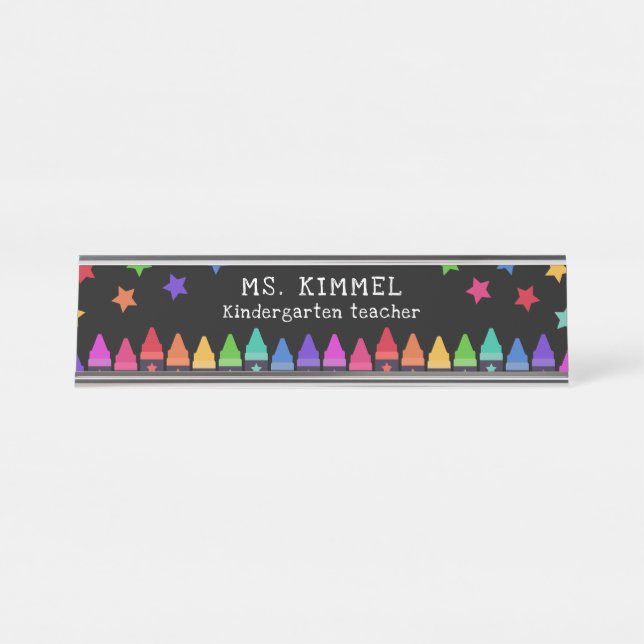 Black Colourful Crayons & Stars Teacher Name Desk Desk Name Plate (Front)
