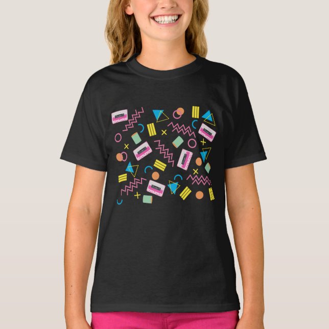Black Colourful Eighties 80's Pattern   T-Shirt (Front)