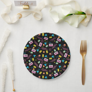 Black Colourful Eighties 80's Retro Party Theme Paper Plate