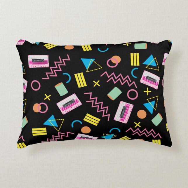Black Colourful Eighties 80's Retro Pattern Accent Pillow (Front)