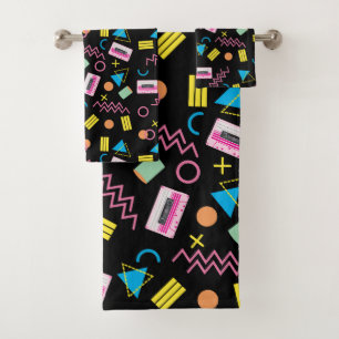 Black Colourful Eighties 80's Retro Pattern  Bath Towel Set