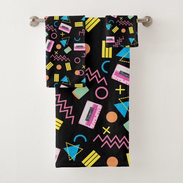 Black Colourful Eighties 80's Retro Pattern  Bath Towel Set (Insitu)