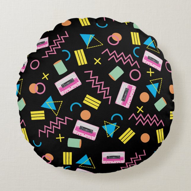 Black Colourful Eighties 80's Retro Pattern  Round Pillow (Front)