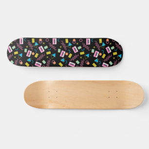 Black Colourful Eighties 80's Retro Pattern Skateboard