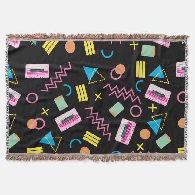Black Colourful Eighties 80's Retro Pattern Throw Blanket (Front)