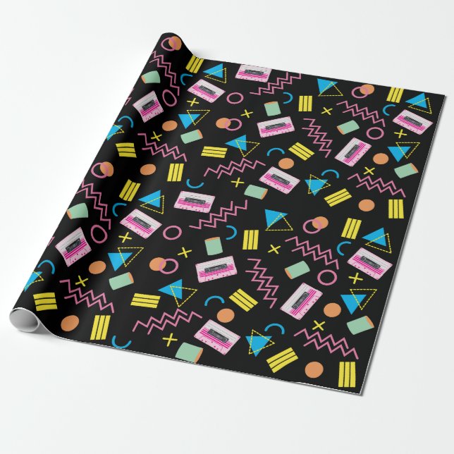 Black Colourful Eighties 80's Retro Pattern   Wrapping Paper (Unrolled)