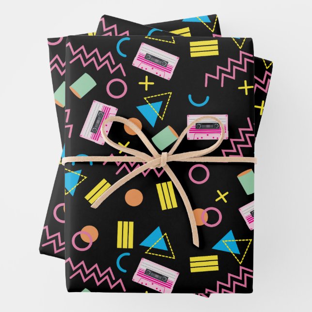 Black Colourful Eighties 80's Retro Pattern  Wrapping Paper Sheet (In situ)