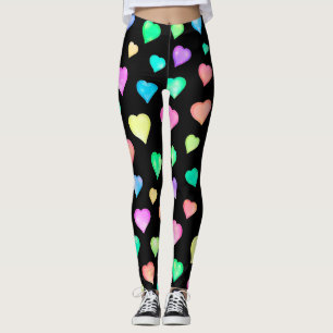 Black Colourful Hearts Pattern Leggings