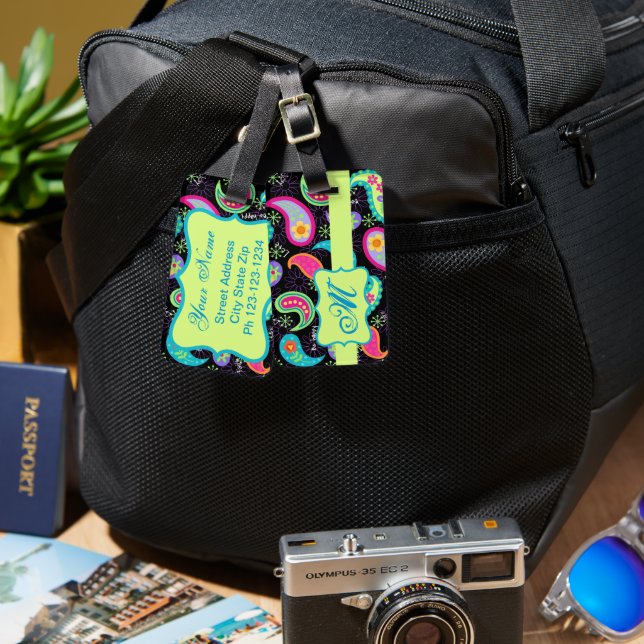 Black Colourful Modern Paisley Pattern Monogram Luggage Tag (Front & Back)