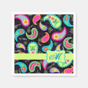 Black Colourful Modern Paisley Pattern Monogram Napkin