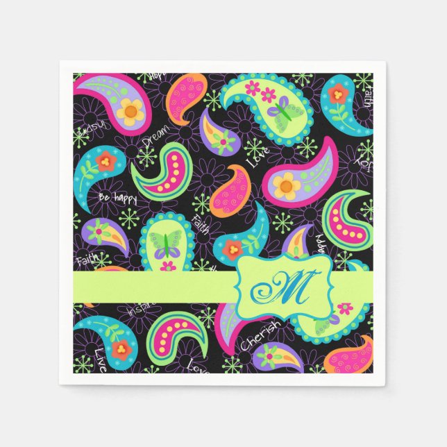 Black Colourful Modern Paisley Pattern Monogram Napkin (Front)