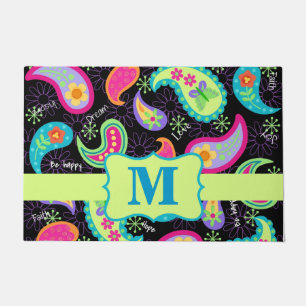 Black Colourful Monogram Modern Paisley Pattern Doormat