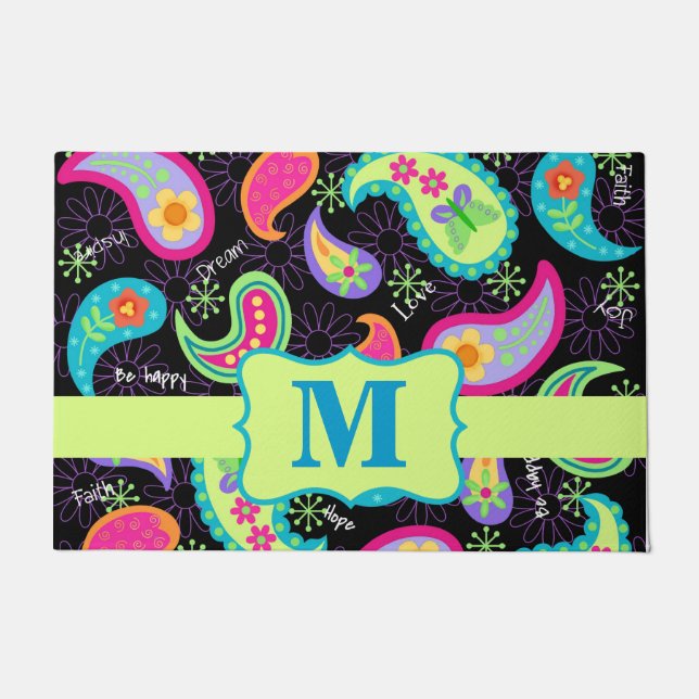 Black Colourful Monogram Modern Paisley Pattern Doormat (Front)