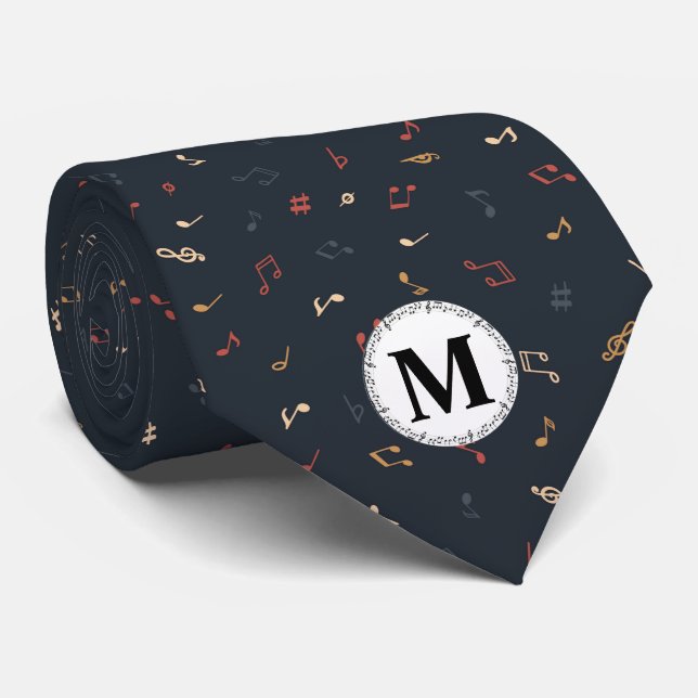 Black Colourful multicolor music note monogram Tie (Rolled)