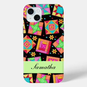 Black & Colourful Patchwork Quilt Block Custom iPhone 15 Mini Case