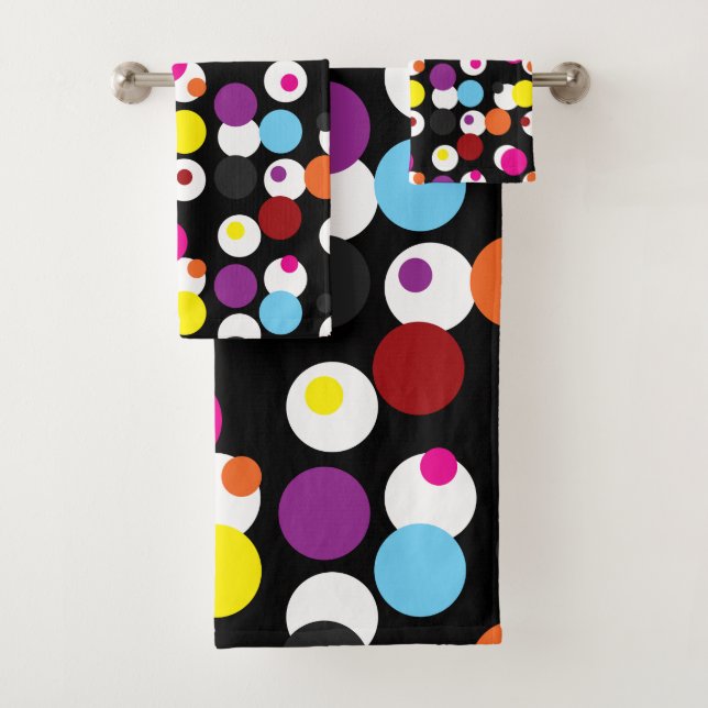 Black Colourful Polka Dots Surface Pattern Design Bath Towel Set (Insitu)