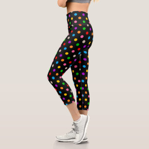 Black Colourful Rainbow Polka Dots Design Capri Leggings
