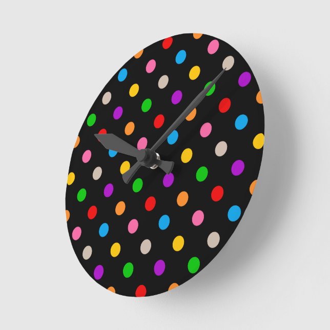 Black Colourful Rainbow Polka Dots Design  Round Clock (Angle)