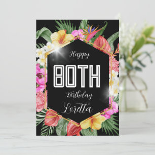Black Colourful Tropical Flowers 80th Birthday Car Holiday Card