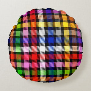 Black Colourful Twill Plaid Tartan Design Round Pillow