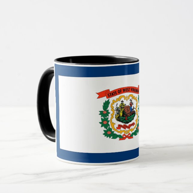 Black Combo Mug with flag of West Virginia, USA (Front Left)