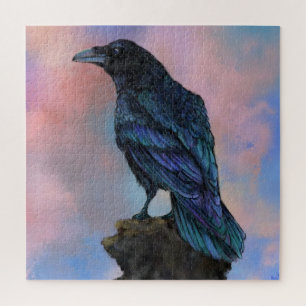 Black Common Raven At Sunset Jigsaw Puzzle