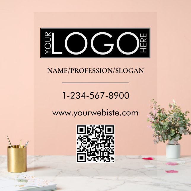 Black Company Logo Storefront QR Code Contact Info Acrylic Sign (Wedding)