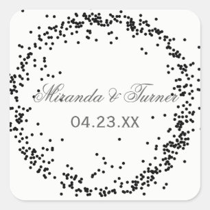 Black Confetti Names & Date - Square Sticker