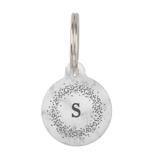 Black Confetti on Marble Look | Monogram Pet Tag (Front)