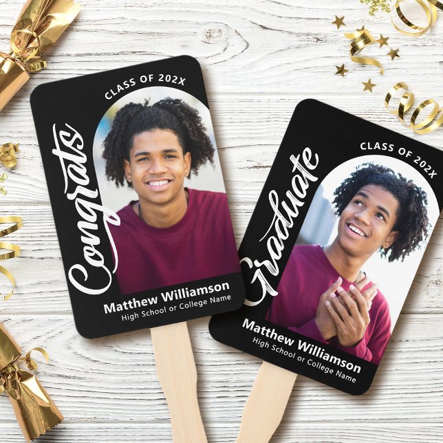 Black Congrats Grad 2 Photo Arch Bold White Script Hand Fan (Creator Uploaded)