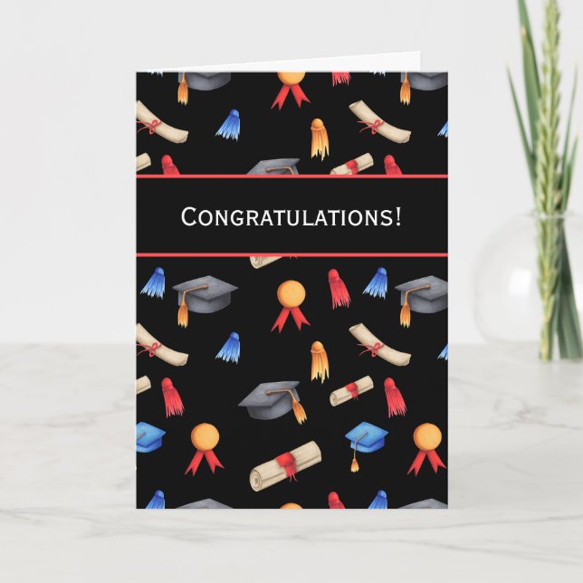 Black Congratulations Diplomas Caps Graduation Card (Front)