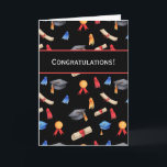 Black Congratulations Diplomas Caps Graduation Card<br><div class="desc">Cute black graduation card with a pattern of diplomas, black graduation caps, red and blue tassels and medals. At the top part of the pattern there is a white rectangle with red edges where the sentiment "Congratulations!" is displayed in white. Personalize the text with your own message if necessary or...</div>