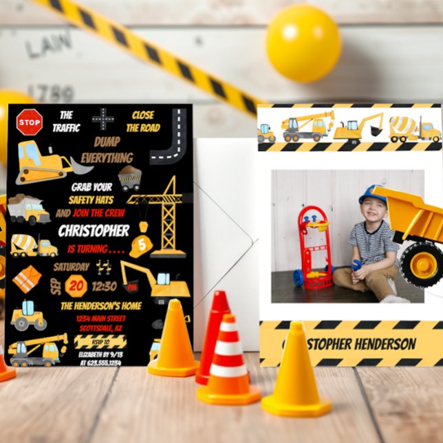 Black Construction Dump Truck Kids Birthday Photo Invitation (Creator Uploaded)