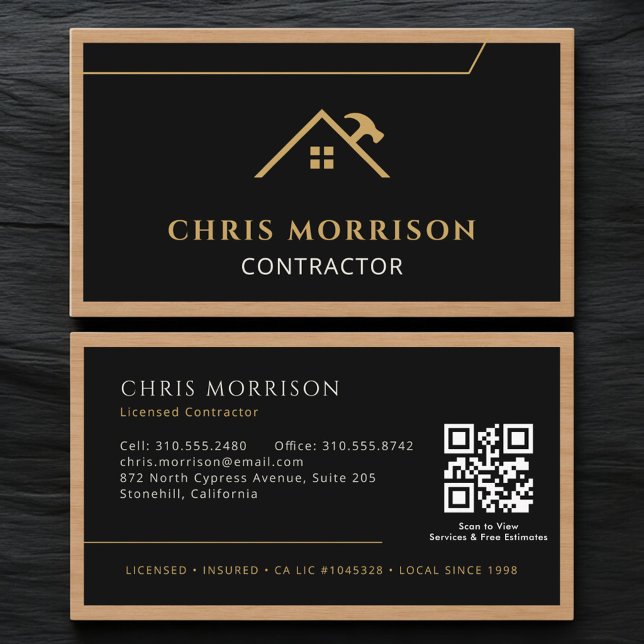 Black Construction Professional Wood QR Code Business Card (Creator Uploaded)