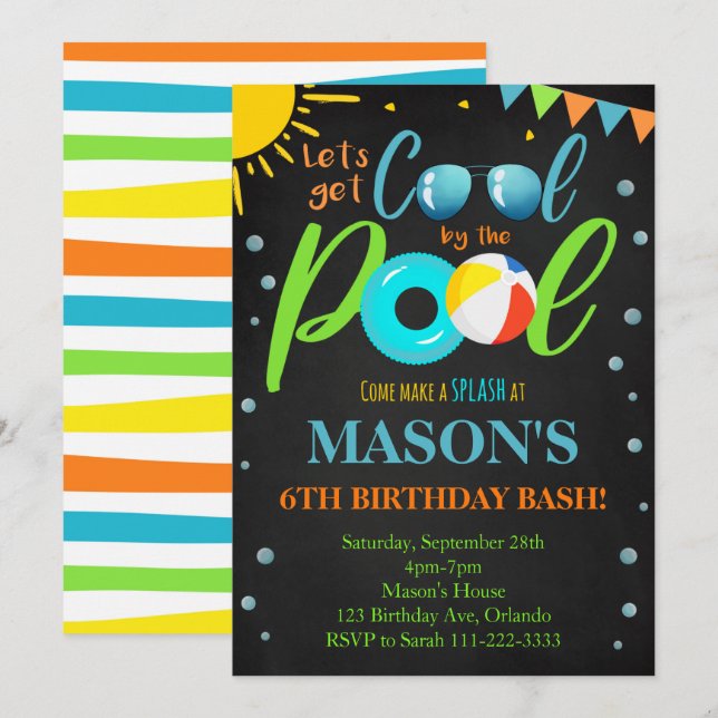 Black Cool Pool Party Birthday Invitation (Front/Back)
