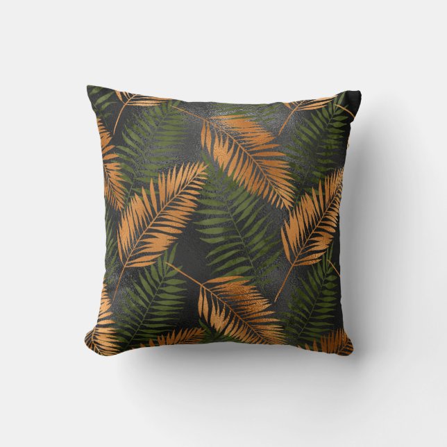 Black Copper Brown Palm Tree Leaf Glam Tropical Throw Pillow (Front)