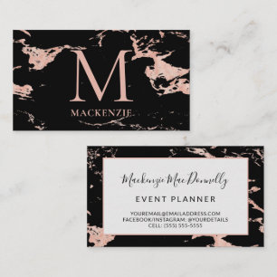 Black Copper Rose Gold Foil Marble Monogram Business Card
