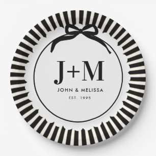 Black Coquette Bow Anniversary Initials Paper Plate