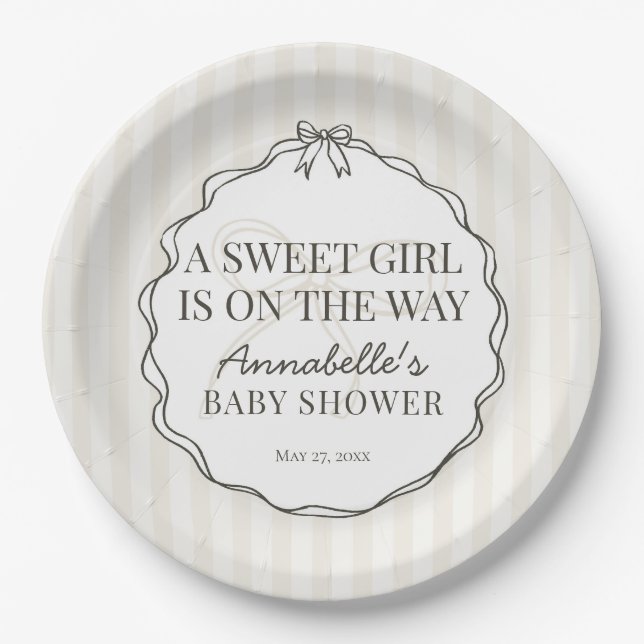 Black Coquette Bow Beige Baby Shower Table Decor Paper Plate (Front)