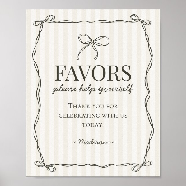 Black Coquette Bow Beige Favours Sign (Front)