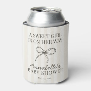 Black Coquette Bow Beige Striped Baby Shower Favor Can Cooler