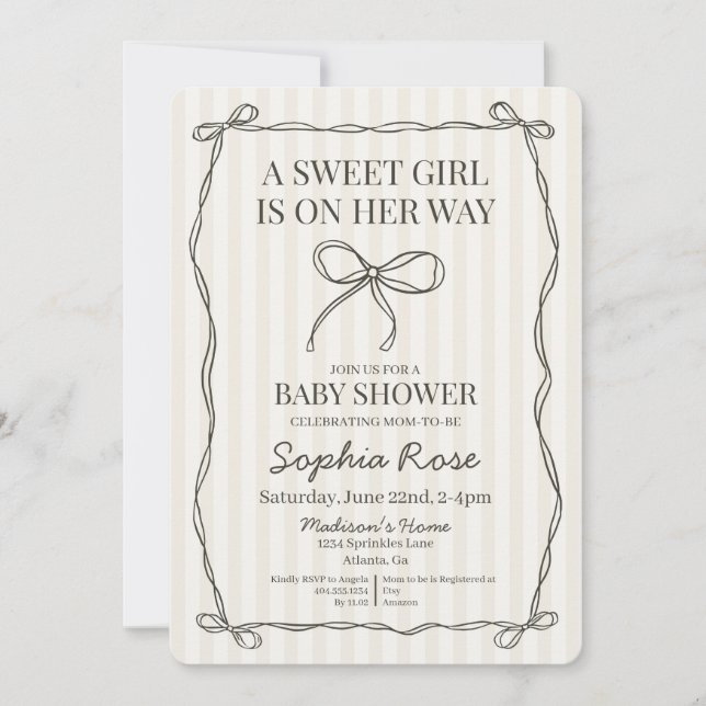 Black Coquette Bow Beige Striped Baby Shower Invitation (Front)